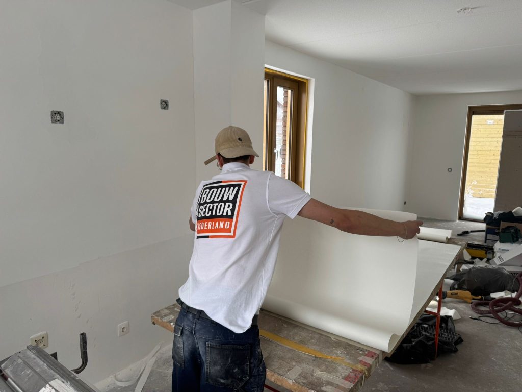 Behanger met pet en wit Bouwsector-shirt rolt een baan uit over de plaktafel in een kale nieuwbouwwoning